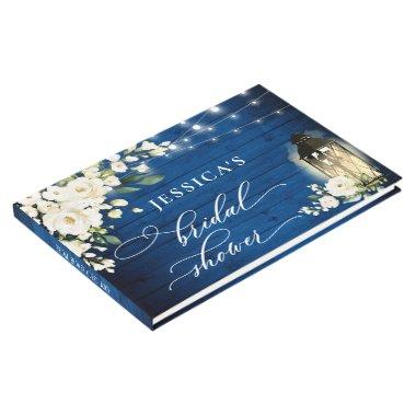 White Roses Royal Blue Wood Lantern Bridal Shower Guest Book