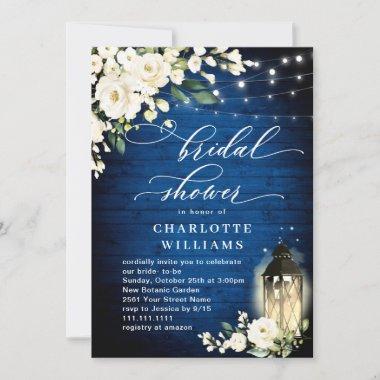 White Roses Royal Blue Wood Lantern Bridal Shower Invitations
