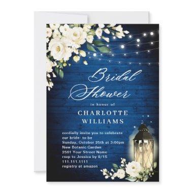 White Roses Royal Blue Wood Lantern