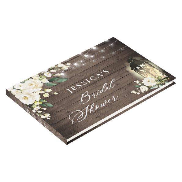 White Roses Rustic Wood Lantern  Guest Book