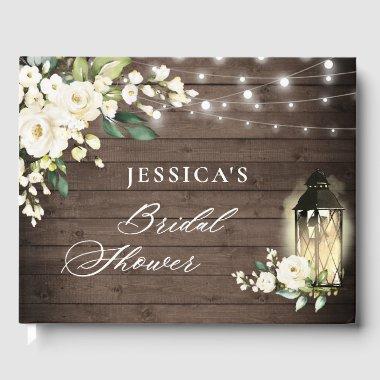 White Roses Rustic Wood Lantern  Guest Book