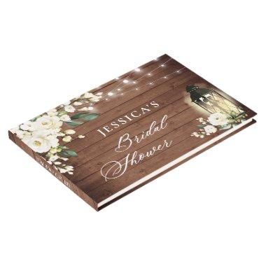 White Roses Rustic Wood Lantern Bridal Shower Guest Book