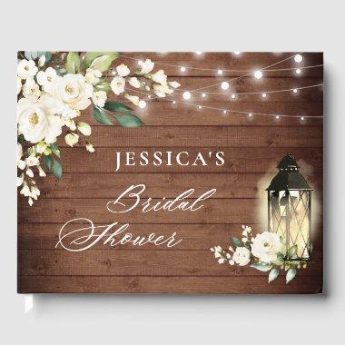 White Roses Rustic Wood Lantern  Guest Book