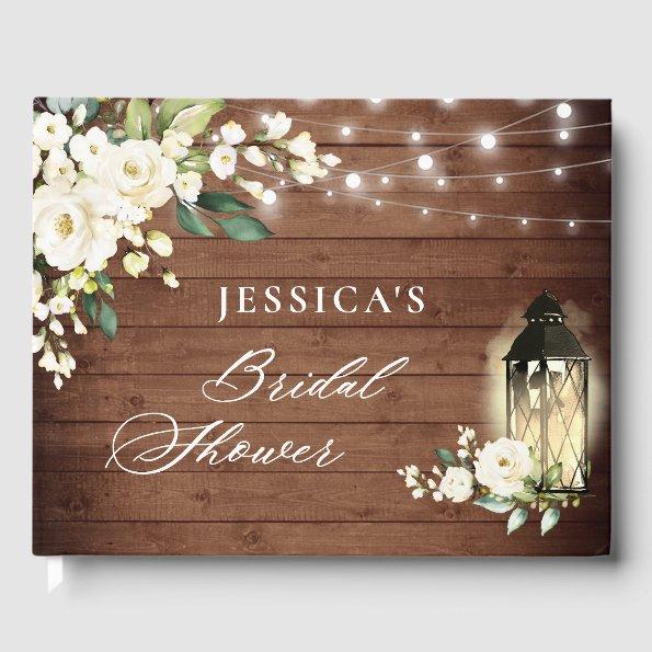 White Roses Rustic Wood Lantern  Guest Book