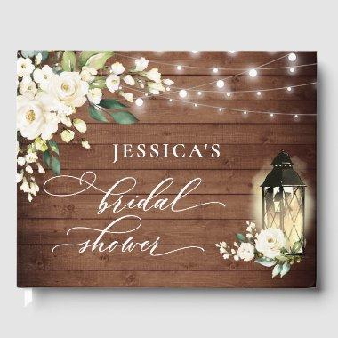 White Roses Rustic Wood Lantern  Guest Book