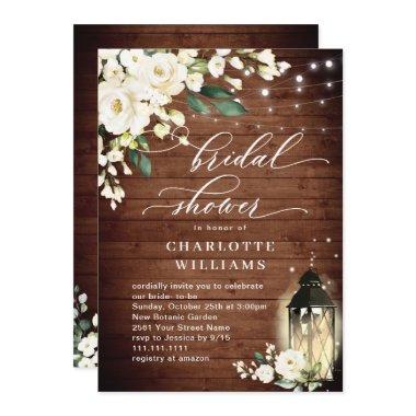 White Roses Rustic Wood Lantern Bridal Shower Invitations