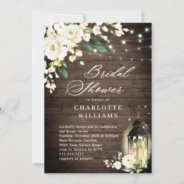 White Roses Rustic Wood Lantern Bridal Shower Invitations
