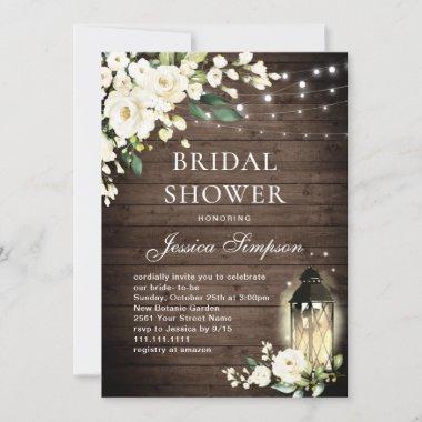 White Roses Rustic Wood Lantern Bridal Shower Invitations