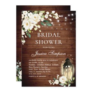 White Roses Rustic Wood Lantern Bridal Shower Invitations