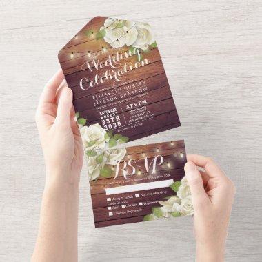 White Roses String Lights Rustic Wood Wedding RSVP All In One