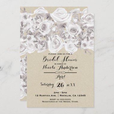 White Rustic Winter Roses Kraft Bridal Shower Invitations