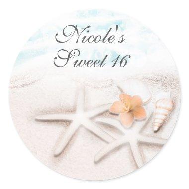 White Sandy Beach Starfish Blue Ocean Party Favor Classic Round Sticker