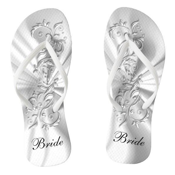 White Satin & Silver Ornate Design | Bride Flip Flops