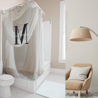 White Silk Black Bold Monogram Cute Script Wedding Shower Curtain