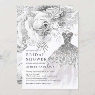 White & Silver Floral Wedding Dress Bridal Shower Invitations