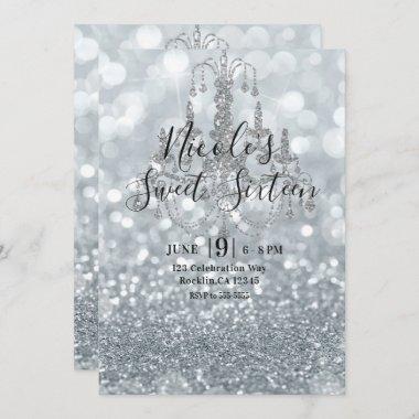 White Silver Glitter Bokeh Glam Chandelier Party Invitations