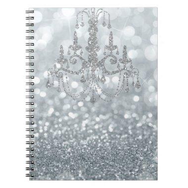 White Silver Glitter Bokeh Glam Chandelier Sparkle Notebook