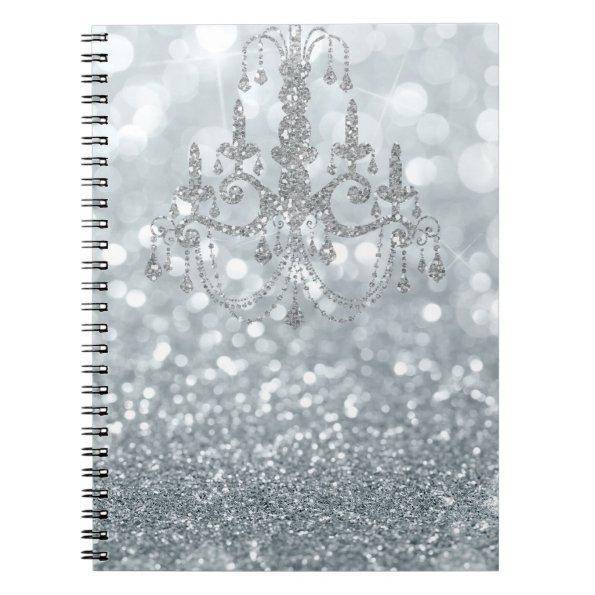 White Silver Glitter Bokeh Glam Chandelier Sparkle Notebook