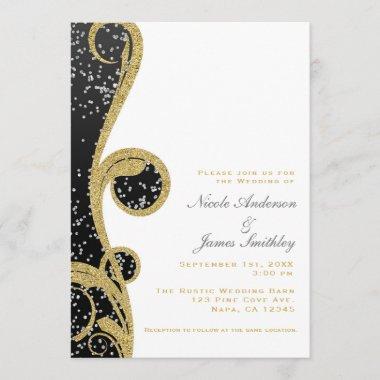 White Silver Gold Black Elegant Swirl Wedding Invitations