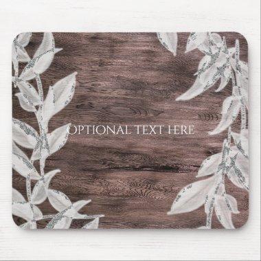 White & Silver Leaves & Rustic Wood Elegant Mouse Pad