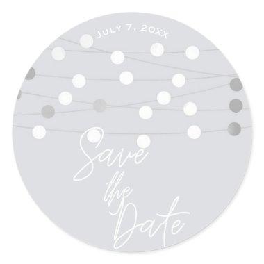 White Silver String Lights Wedding Save the Date Classic Round Sticker