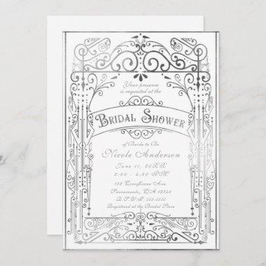 White & Silver Vintage Victorian Bridal Shower Invitations