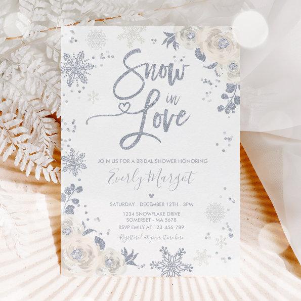 White & Silver Winter Bridal Shower Snow In Love Invitations