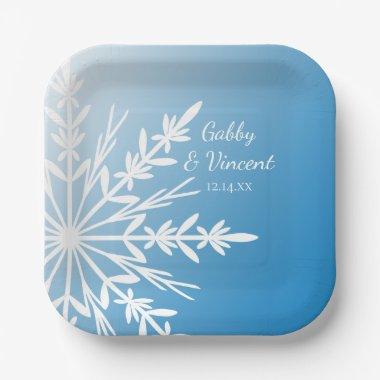 White Snowflake on Blue Winter Wedding Paper Plates