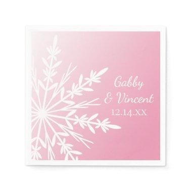 White Snowflake on Pink Winter Wedding Paper Napkins