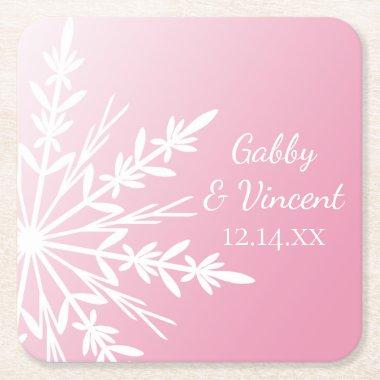 White Snowflakes on Pink Winter Wedding Square Paper Coaster