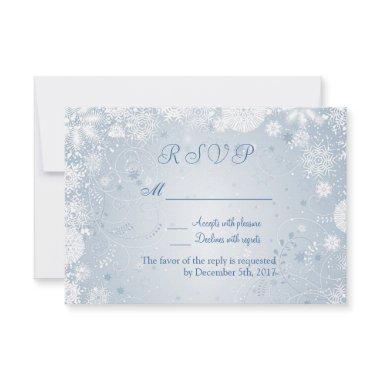 White snowflakes on silver blue RSVP Invitations