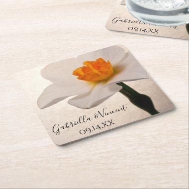 White Spring Daffodil Wedding Square Paper Coaster