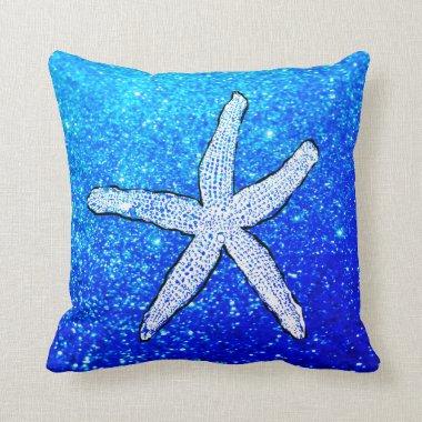 White Starfish Glittery Sparkly Beach Deep Blue Throw Pillow