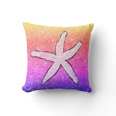White Starfish Glittery Sparkly Beach Pink Ombre Throw Pillow