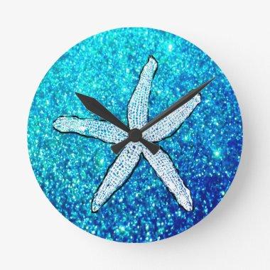 White Starfish Glittery Sparkly Beach Teal Blue Round Clock