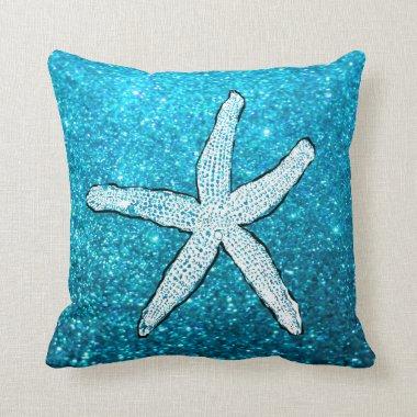 White Starfish Glittery Sparkly Beach Teal Blue Throw Pillow