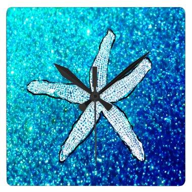 White Starfish Glittery Sparkly Teal Blue Cute Square Wall Clock
