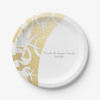 White Starfish Gold Beach Elegant Wedding Paper Plates