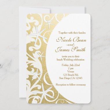 White Starfish Gold Beach Wedding Invitations