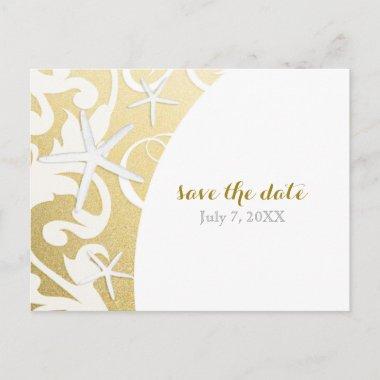 White Starfish Gold Beach Wedding Save The Date Announcement PostInvitations