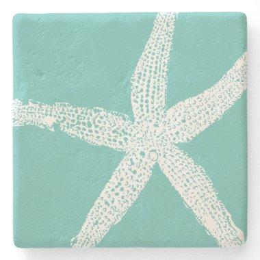 White Starfish Pattern Beach Teal Blue Nautical Stone Coaster