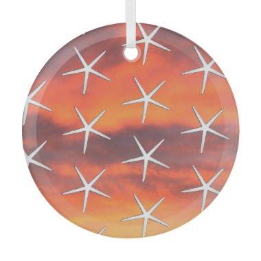 White Starfish Pattern Orange Sunset Sky Landscape Glass Ornament