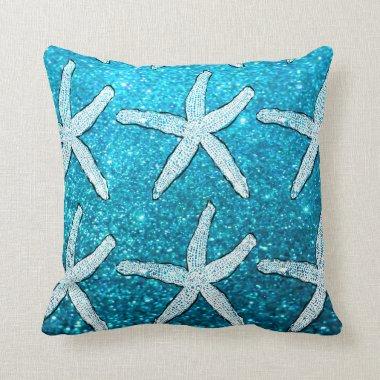 White Starfish Patterns Glittery Sparkly Teal Blue Throw Pillow