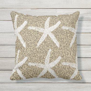 White Starfish Patterns Gold Glitter Nautical Cute Outdoor Pillow