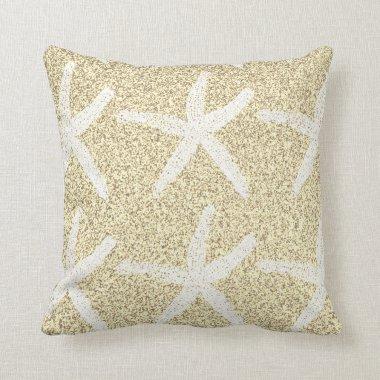 White Starfish Patterns Gold Glitter Nautical Gift Throw Pillow