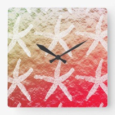 White Starfish Patterns Golden Foil Pink Ombre Square Wall Clock