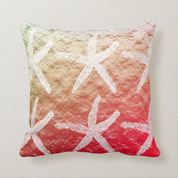 White Starfish Patterns Golden Foil Pink Ombre Throw Pillow