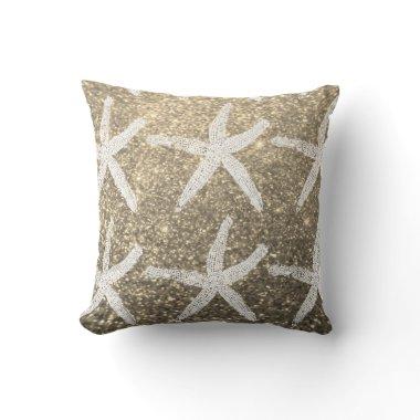 White Starfish Patterns Golden Glitter Cute Beach Outdoor Pillow