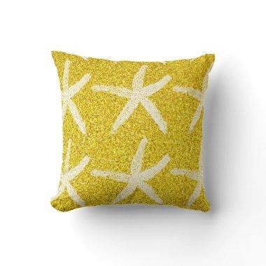 White Starfish Patterns Golden Glitter Nautical Throw Pillow