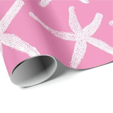 White Starfish Patterns Light Pink Beach Christmas Wrapping Paper